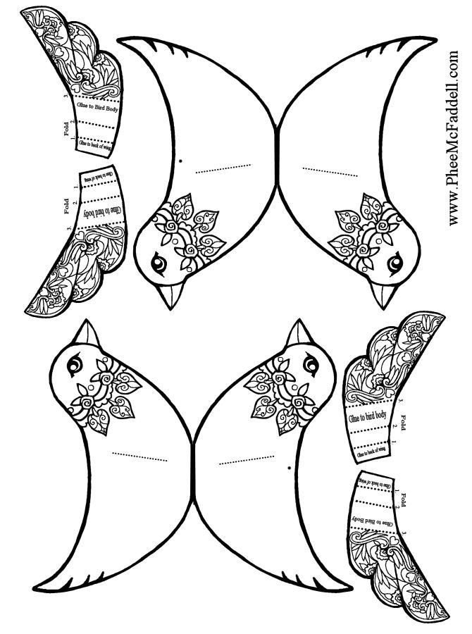 Two birds and wings to attach black and white to color coloring and craft pages wwwpheemcfaddell paper birds bird template bird crafts