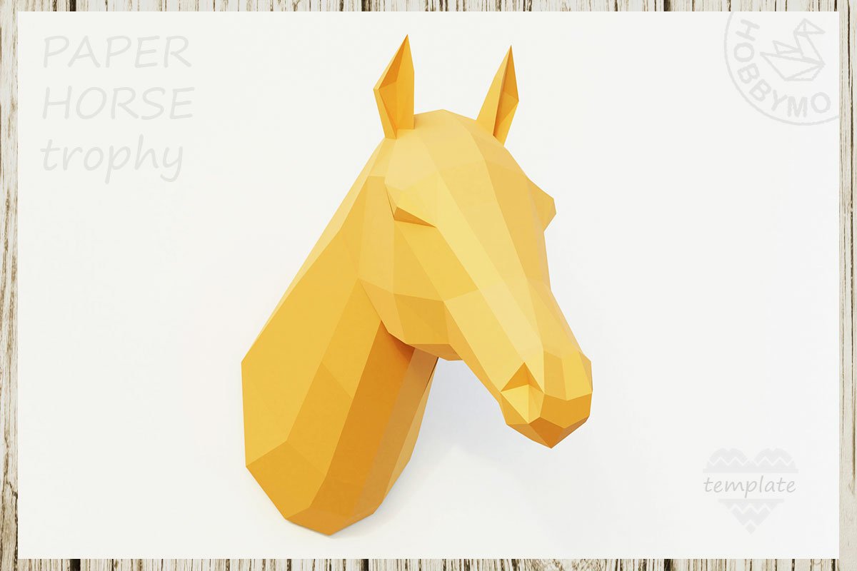 Diy low poly paper horse trophy printable template