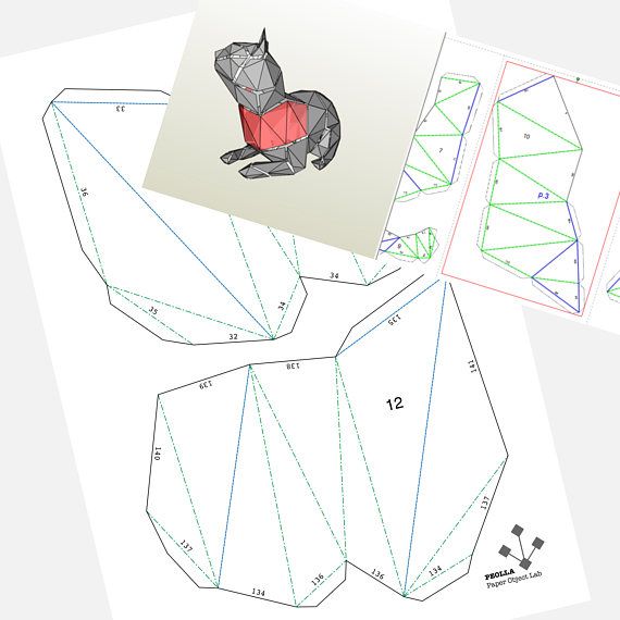 Printable diy template pdf sitting cat low poly paper model