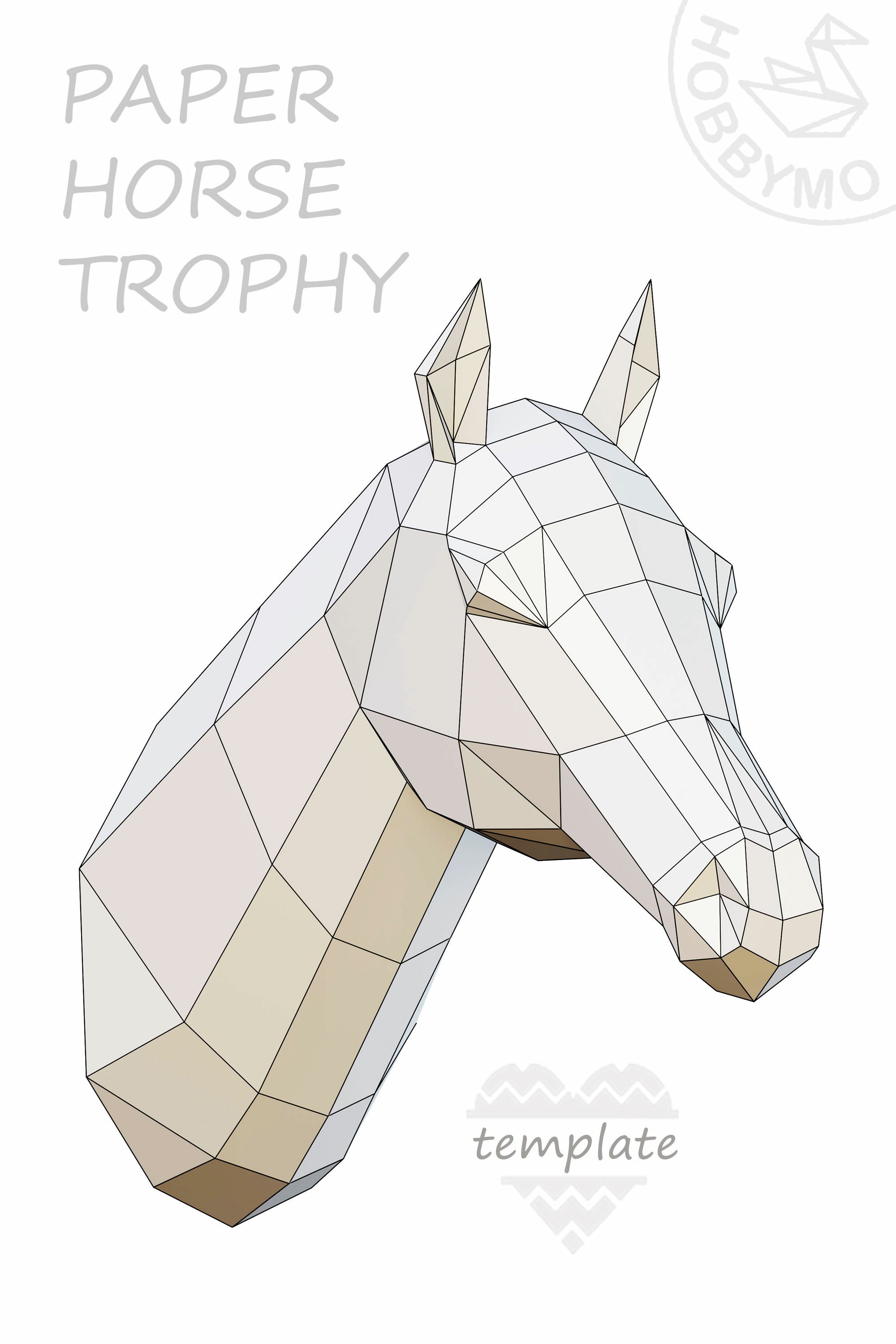 Diy low poly paper horse trophy printable template