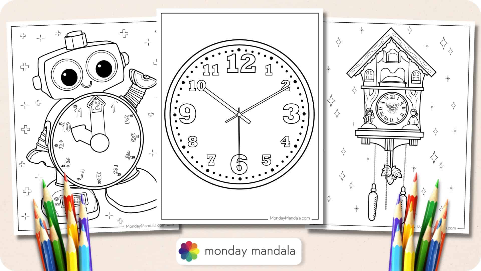 Clock coloring pages free pdf printables