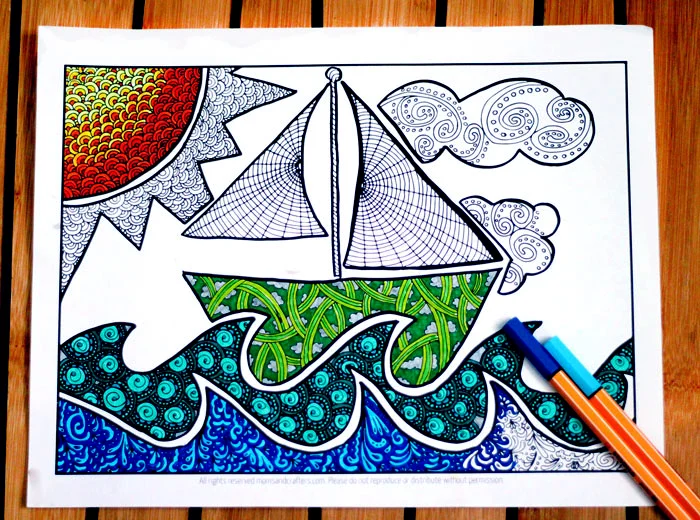 Free printable coloring page for adults doodle boat