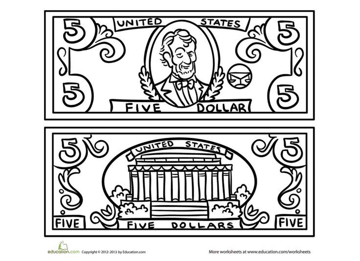 Five dollar bill worksheet education dollar bill bills printable coloring pages