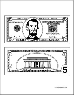 Clip art five dollar bill outline coloring page i