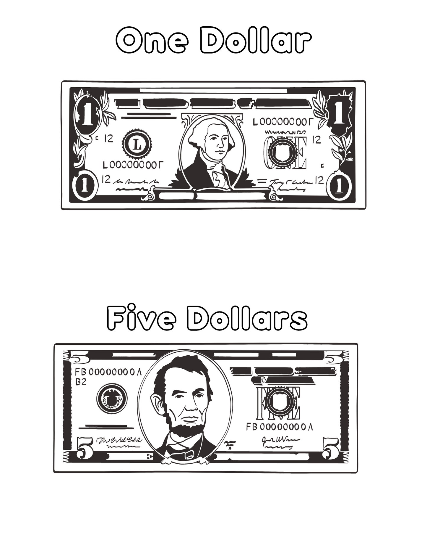 One and five dollar bill coloring sheet â the wealthy toolbox