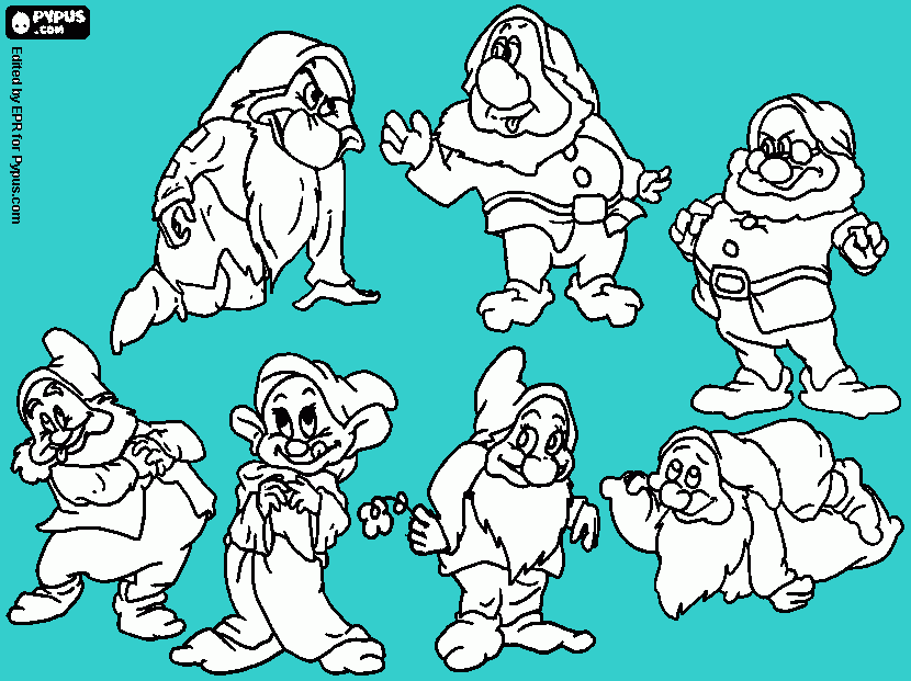 Seven dwarfs coloring page printable seven dwarfs