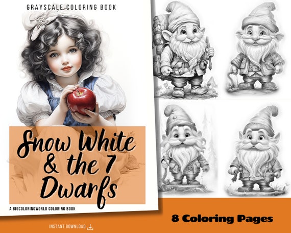 Snow white and the dwarfs coloring pages for adults kids printable pdf instant download grayscale illustration coloring sheets