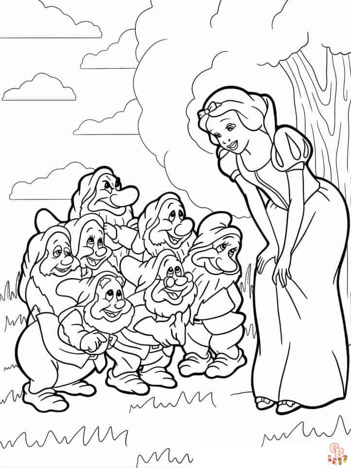 Color your favorite seven dwarfs in snow white coloring pages