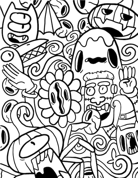 Premium vector monster halloween doodle coloring page