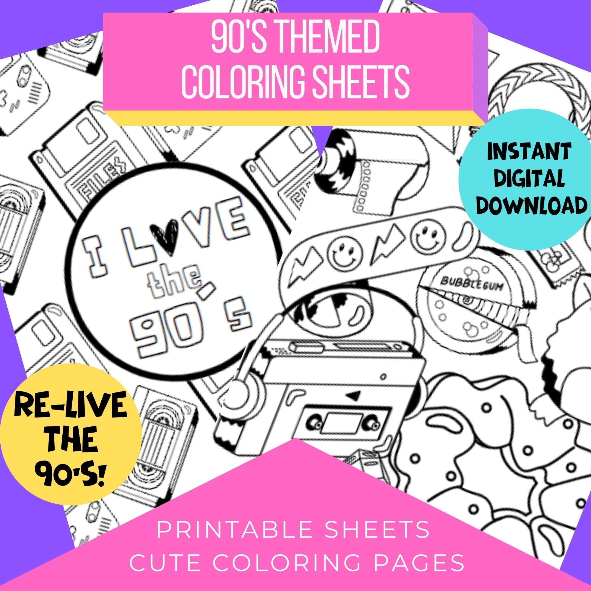 S themed printable coloring sheets enjoy s nostalgia colouring pages for adults fun s craft activity instant download pdf