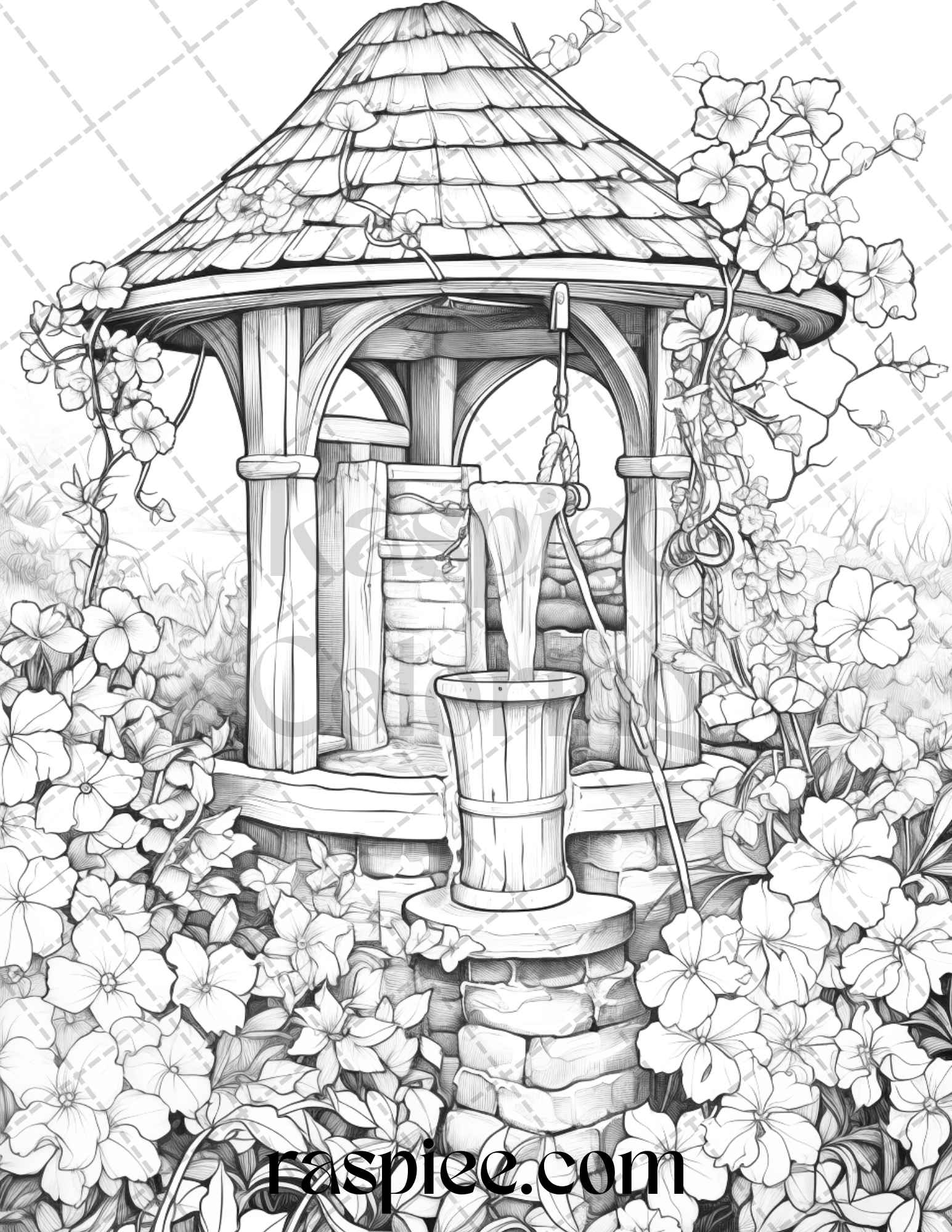 Whimsical wishing wells grayscale coloring pages printable for adul â coloring