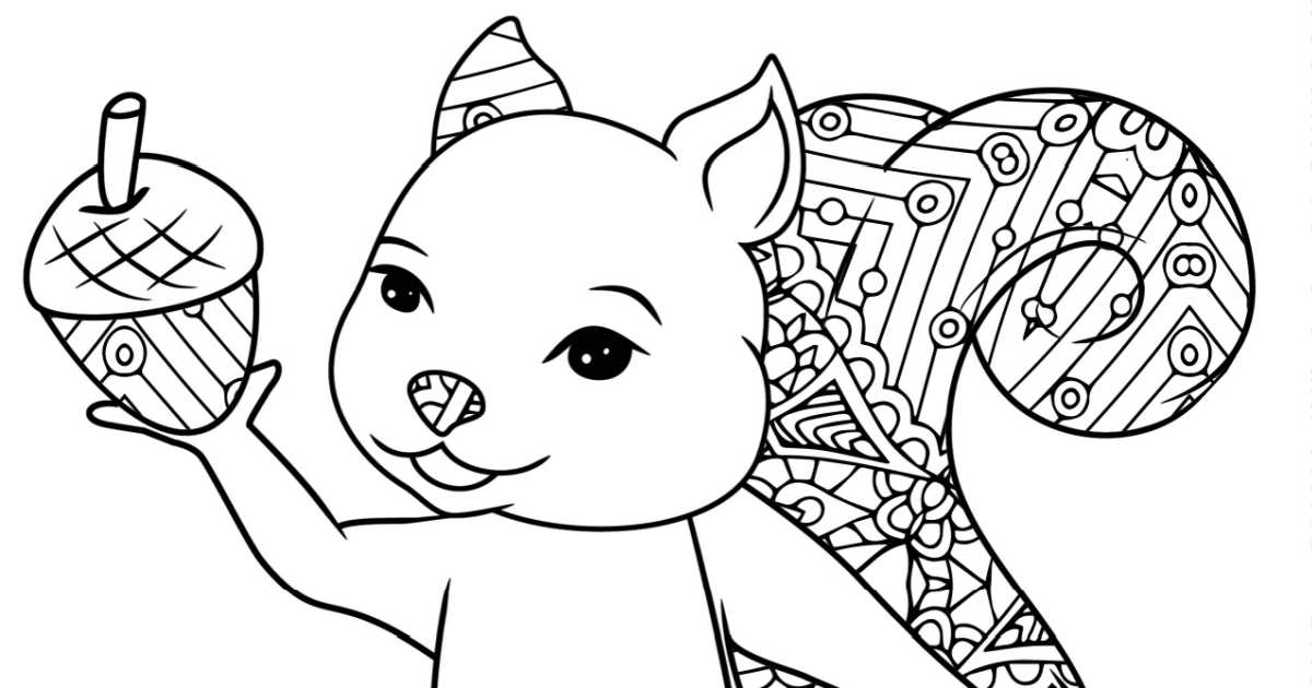 Free printable squirrel with an acorn coloring page