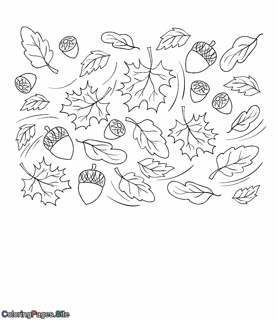 Falling fall leaves with acorns coloring page