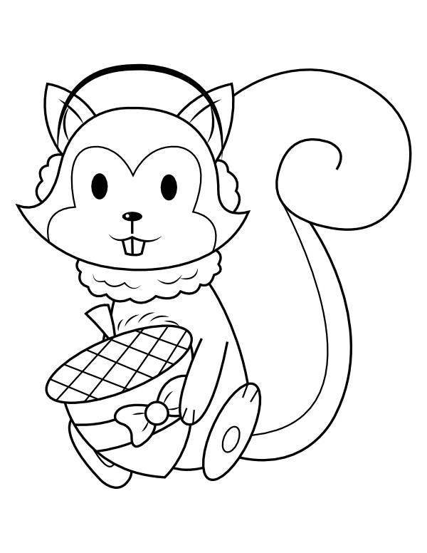 Printable cute squirrel with acorn coloring page