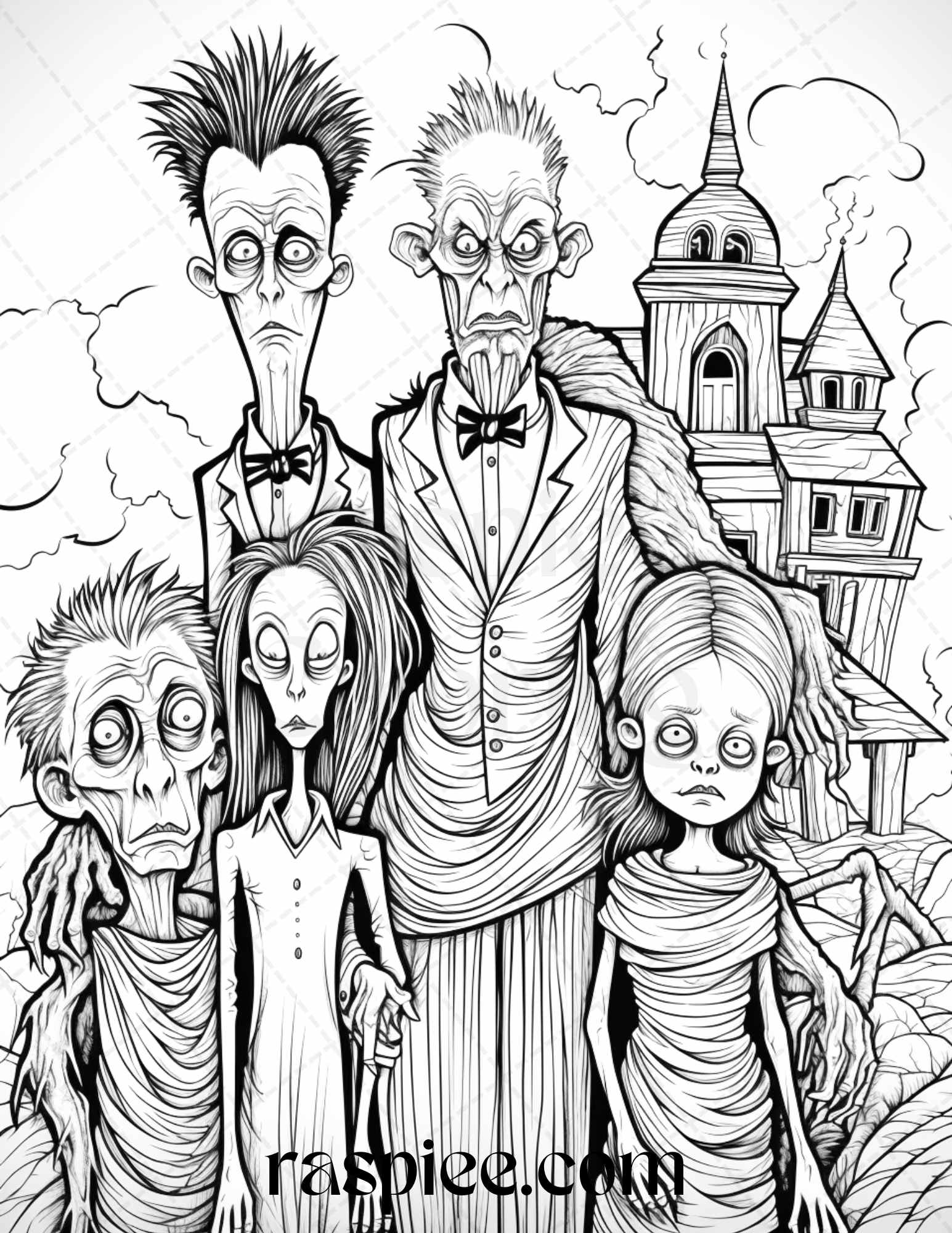 Monster family grayscale coloring pages printable for adults