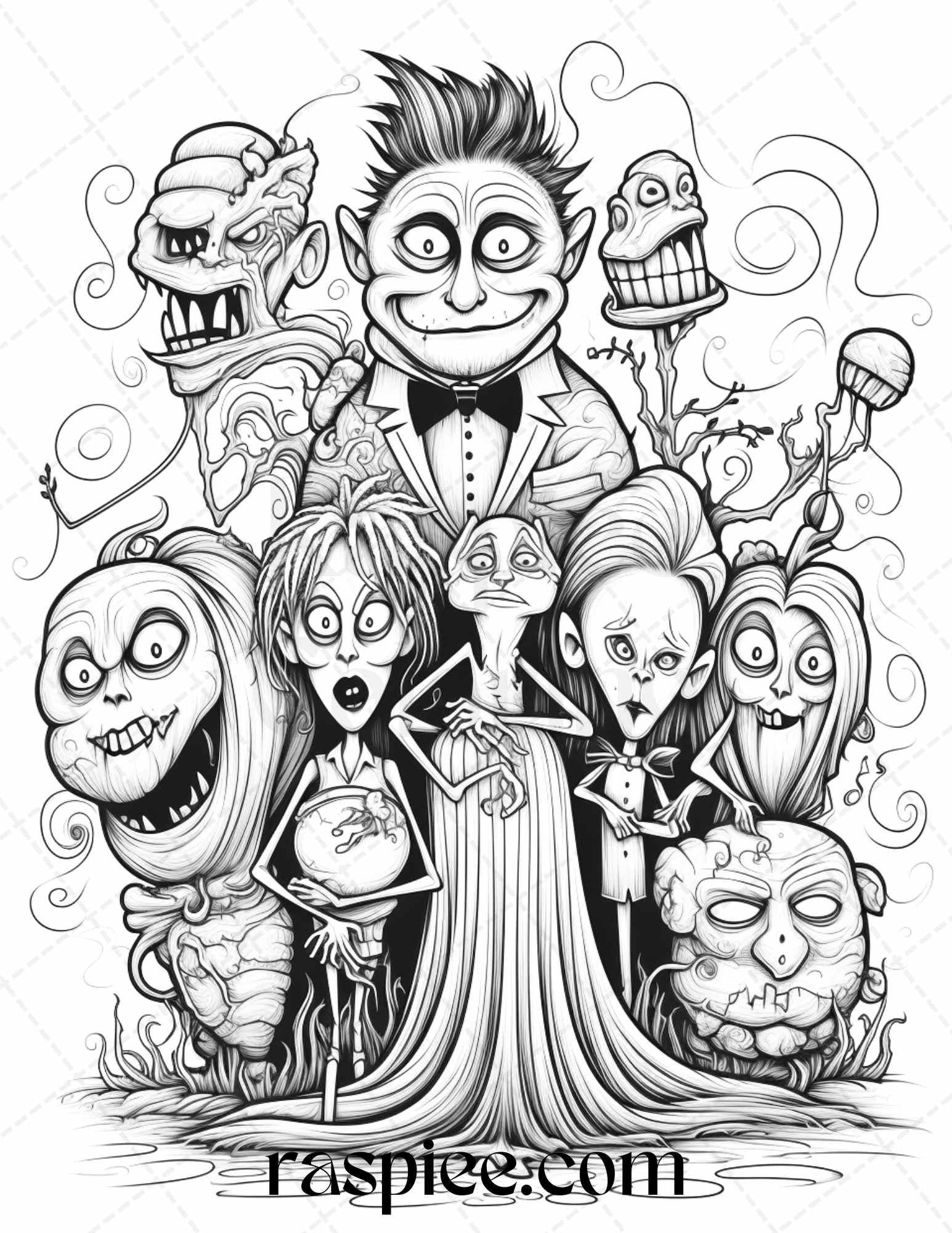 Monster family grayscale coloring pages printable for adults