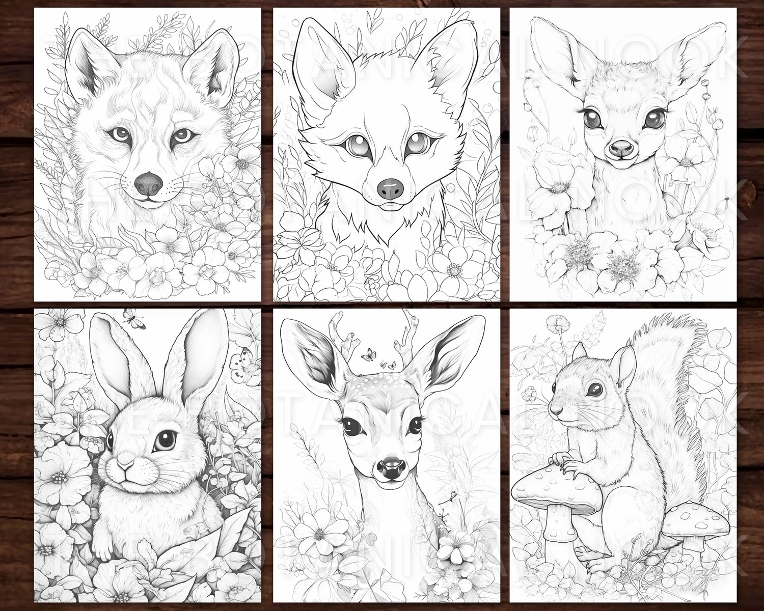 Forest critters v cute animal coloring page book adults kids instant download grayscale coloring page printable pdf squirrel fox