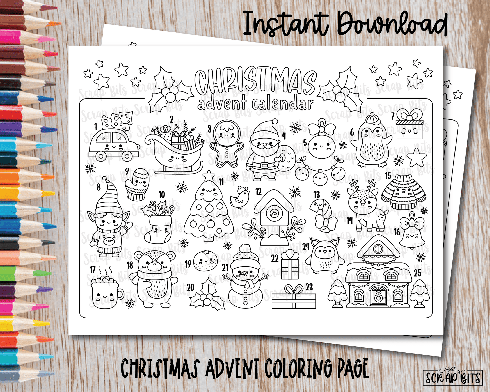 Printable christmas advent calendar christmas coloring sheet instan â scrap bits