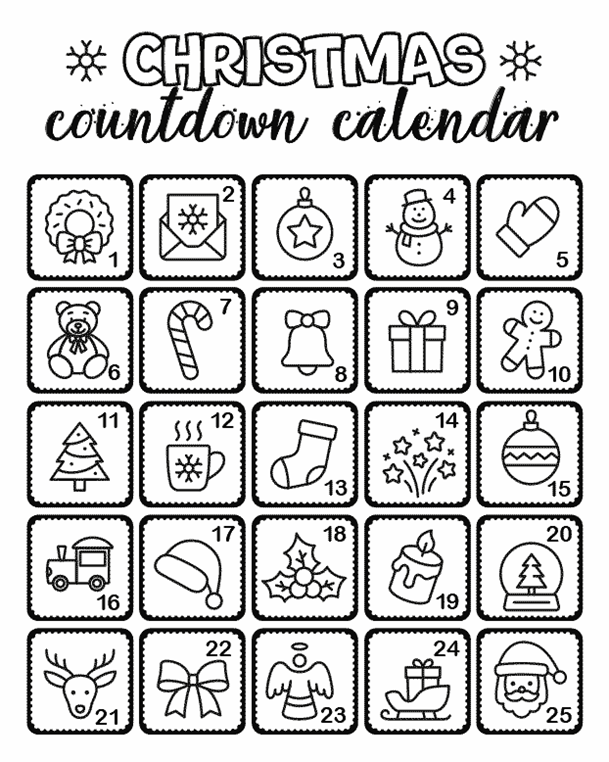 Christmas countdown calendar coloring page