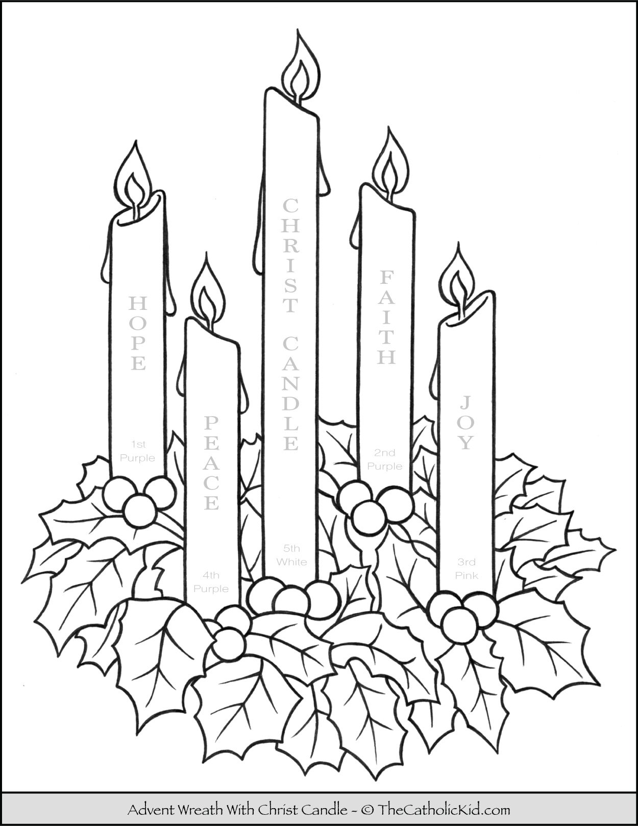 Advent wreath coloring page with candle names meanings