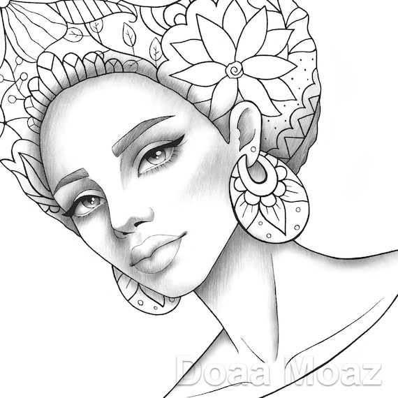 Printable coloring page african girl portrait colouring sheet black style pdf adult anti