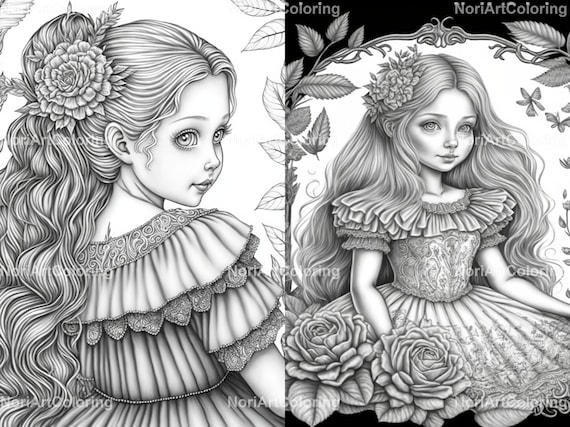 Alice in wonderland coloring pages beautiful girls with gorgeous hair and dress printable adult coloring pages grayscale coloring