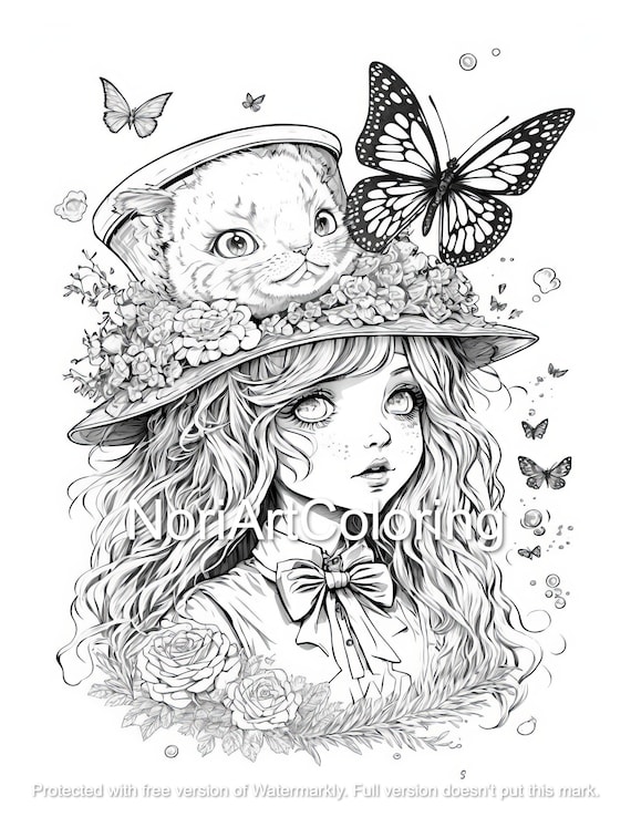 Anime alice in wonderland with cheshire cat coloring page printable adult coloring pages download black and white illustration