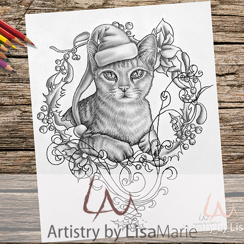 Cat with christmas holiday wreath printable coloring page â artistry by lisa marie