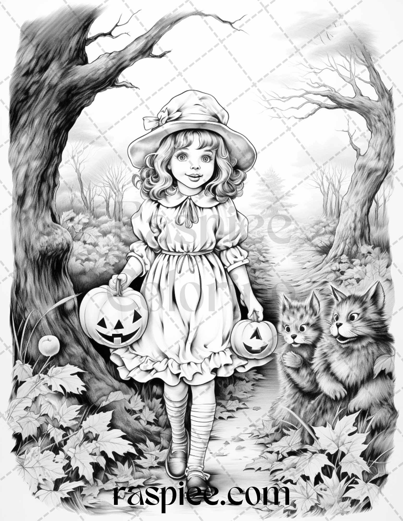 Vintage halloween trick or treat grayscale coloring pages printable â coloring