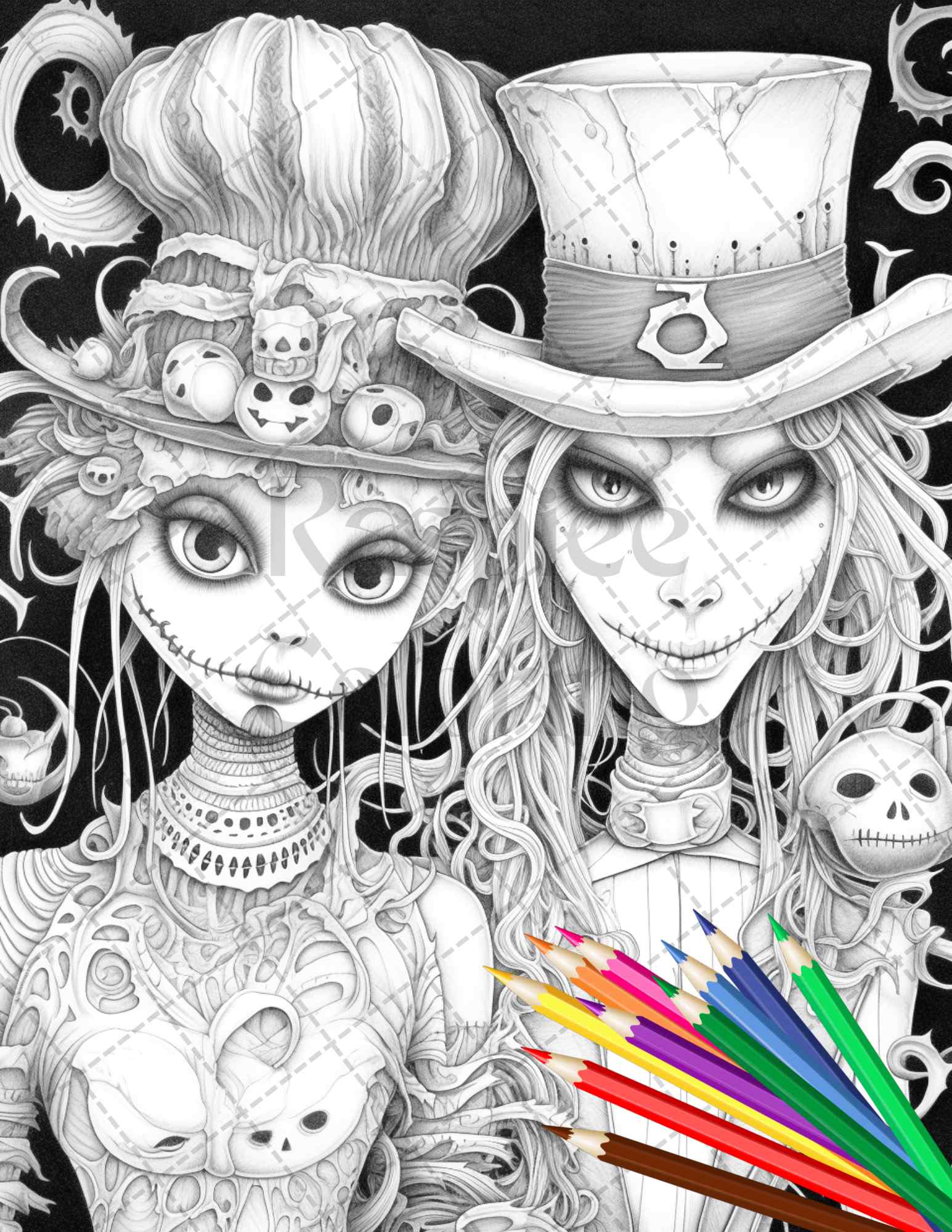 Scary scarecrows grayscale coloring pages printable for adults hal â coloring