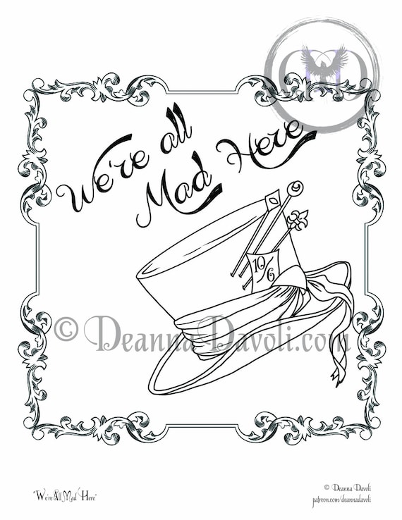 Alice in wonderland coloring page were all mad here printable digital download adult coloring pages jpg cheshire cat quotes