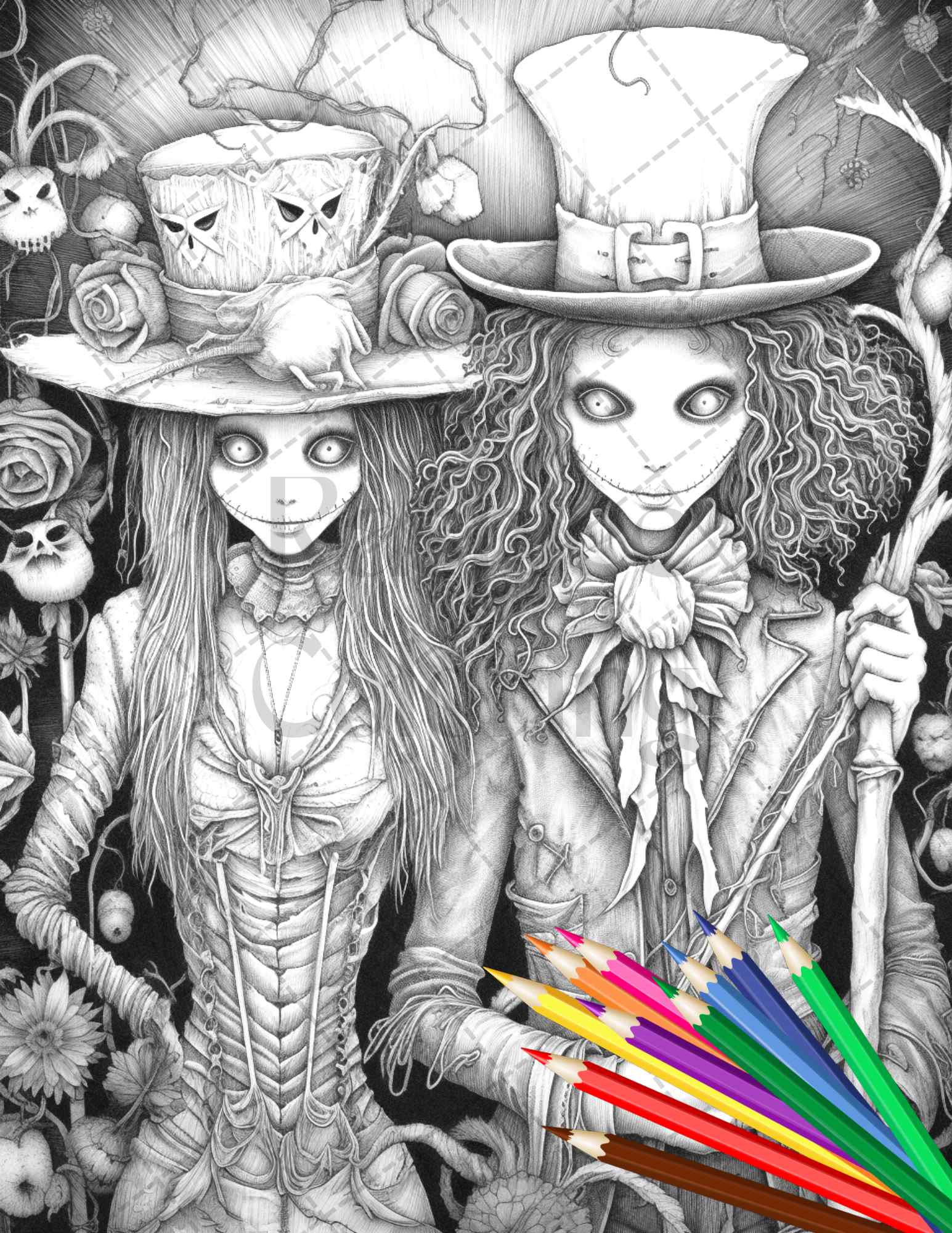 Scary scarecrows grayscale coloring pages printable for adults hal â coloring