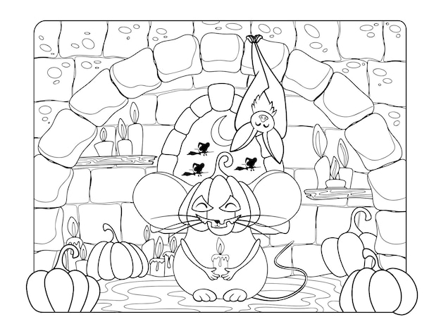 Premium vector halloween coloring page pumpkin mouse in the castle antistress for kids and adults