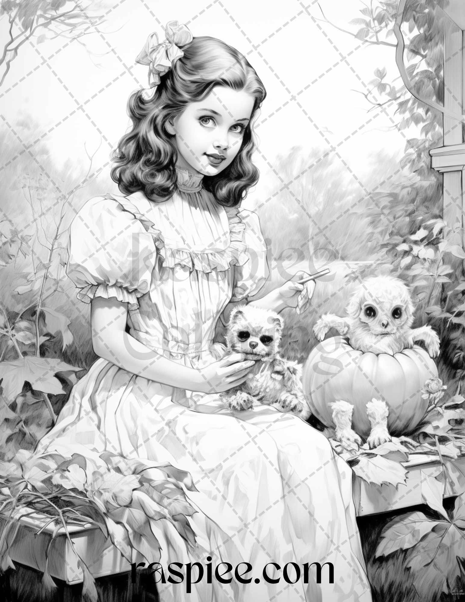 Vintage halloween trick or treat grayscale coloring pages printable â coloring