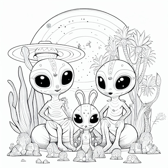 Printable colouring book alien family