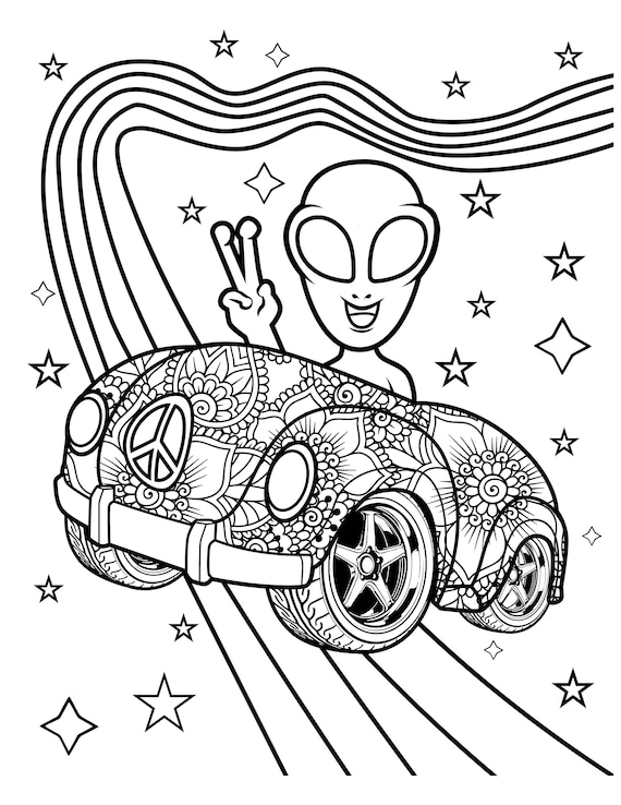 Printable alien peace hand sign hippie alien digital download hippie coloring page