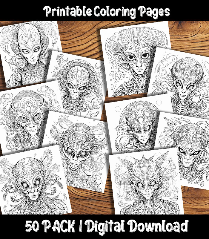 Alien coloring pages digital pack happy colorist