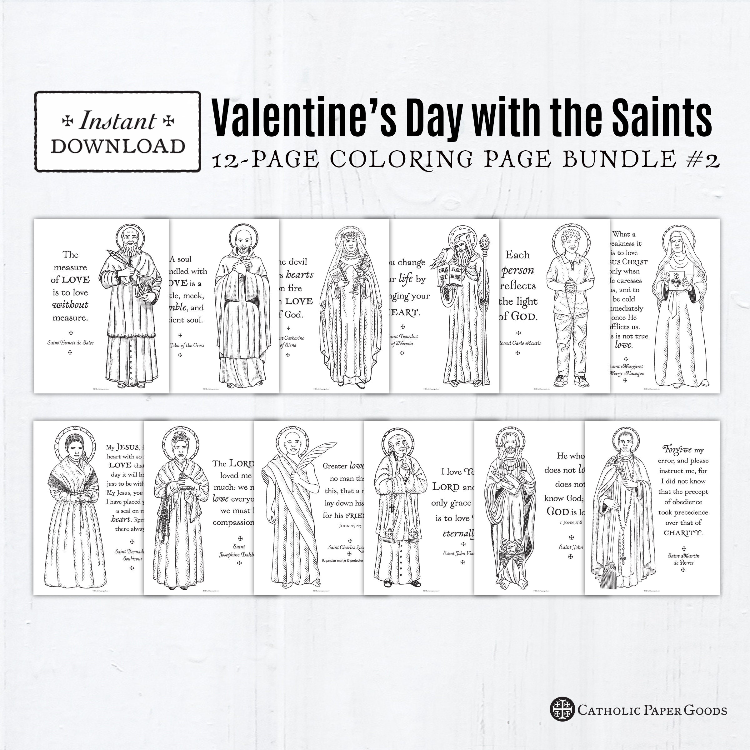 Catholic saints valentine coloring page bundle of black white printable coloring pages pdf x catholic printables all saints day