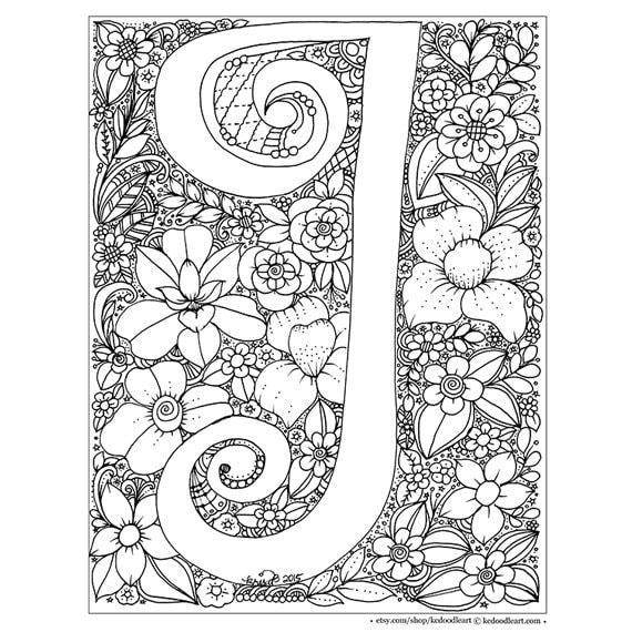 Instant digital download adult coloring page letter i