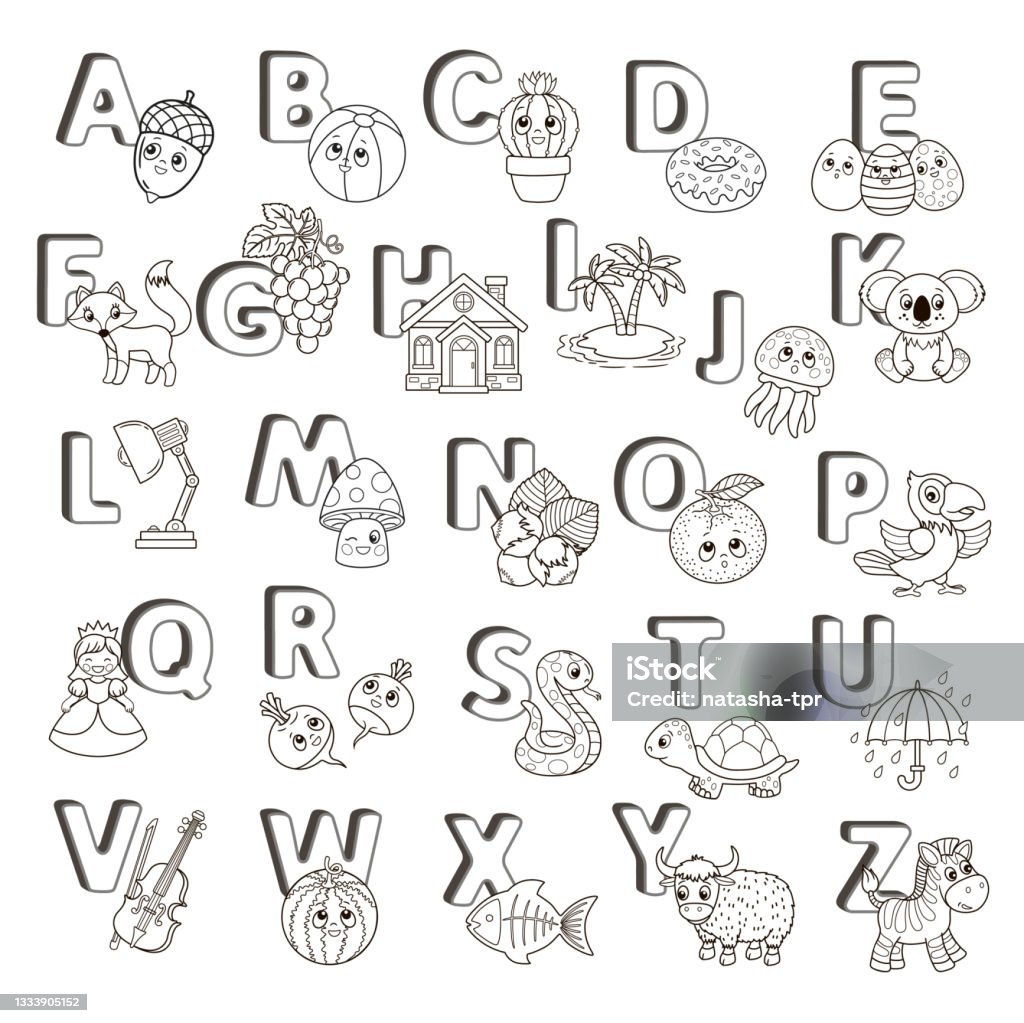 Vector abc poster capital letters of the english alphabet with cute cartoon zoo animals and things coloring page for kindergarten and preschool education cards for study english stock illustration