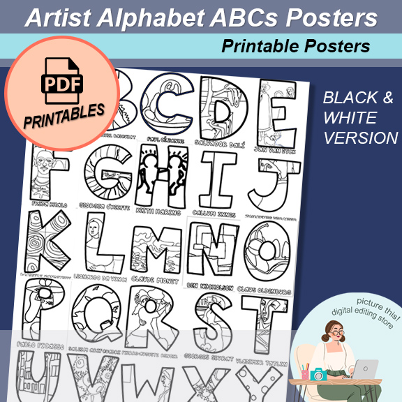 Artist alphabet posters abcs coloring pages art class printable low ink made by teachers