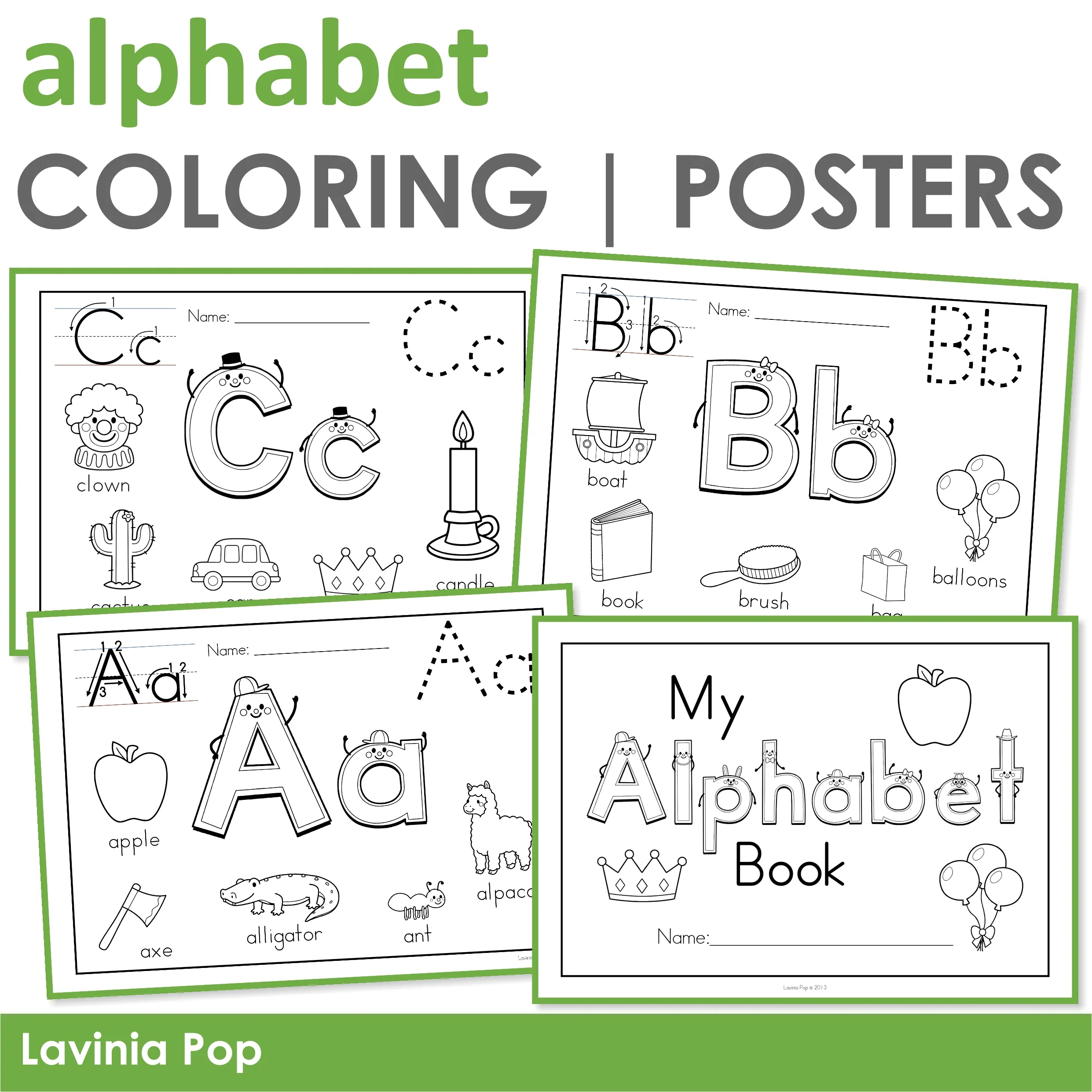 Alphabet coloring book and posters letters a