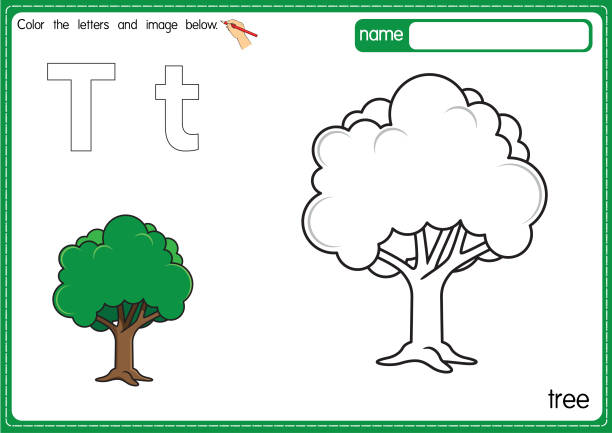 Vector illustration of kids alphabet coloring book page with outlined clip art to color letter t for treeåéåååæåæåç