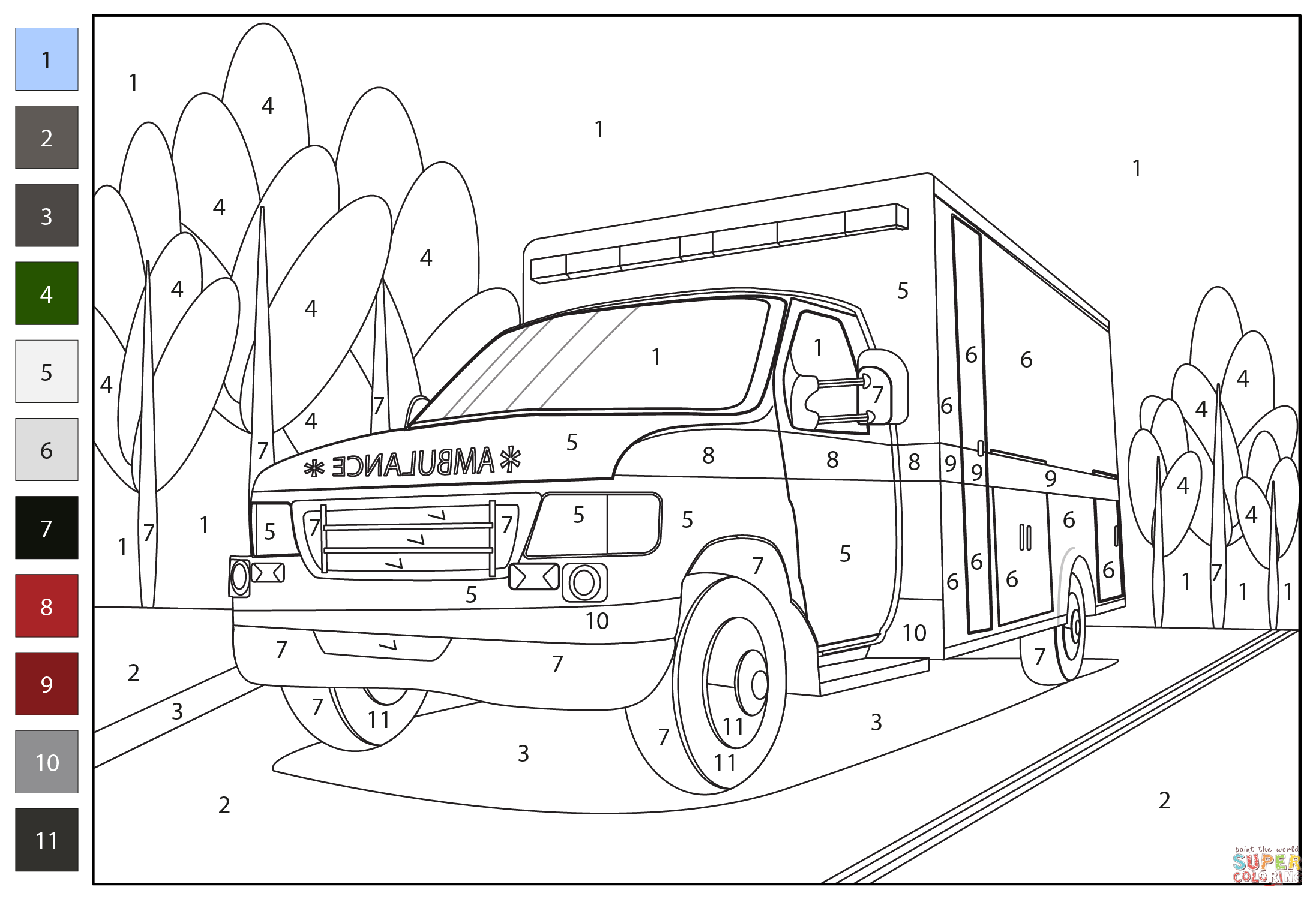 Ambulance color by number coloring page free printable coloring pages