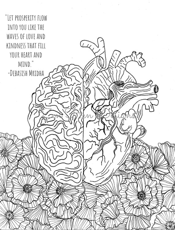 Digital printable human anatomy coloring page brain and heart hand drawn adult coloring pages color your own pdf sheet for science lovers