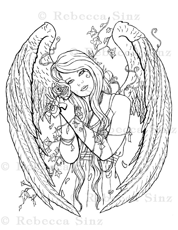 Gothic angel fantasy art coloring book page