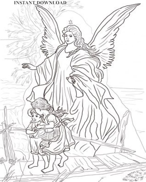 Printable angel with children coloring page digital download x sheet