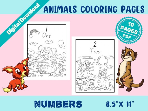 Animal number coloring pages instant download digital printable page for boys girls kids kdp birthday personal or mercial use