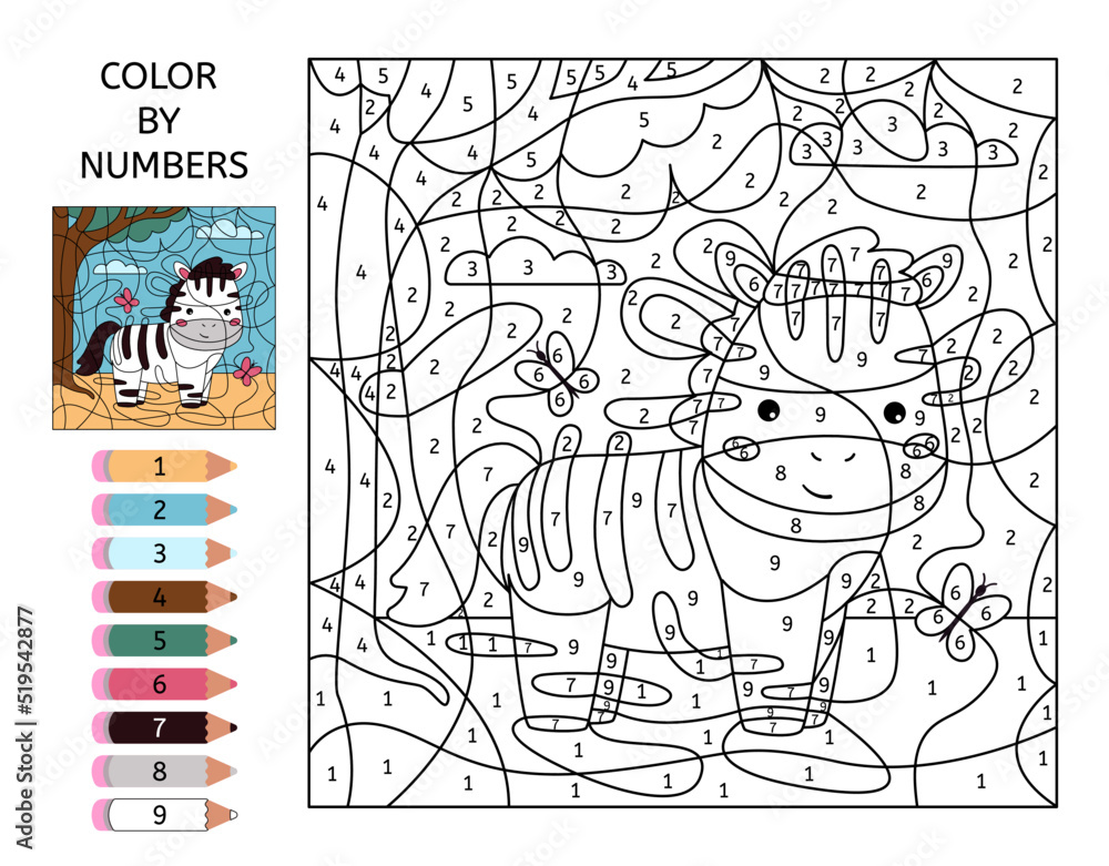 Color by numbers coloring page with cute cartoon zebra african animals learn numbers educational game puzzle for kids printable worksheet vector illustration for coloring book