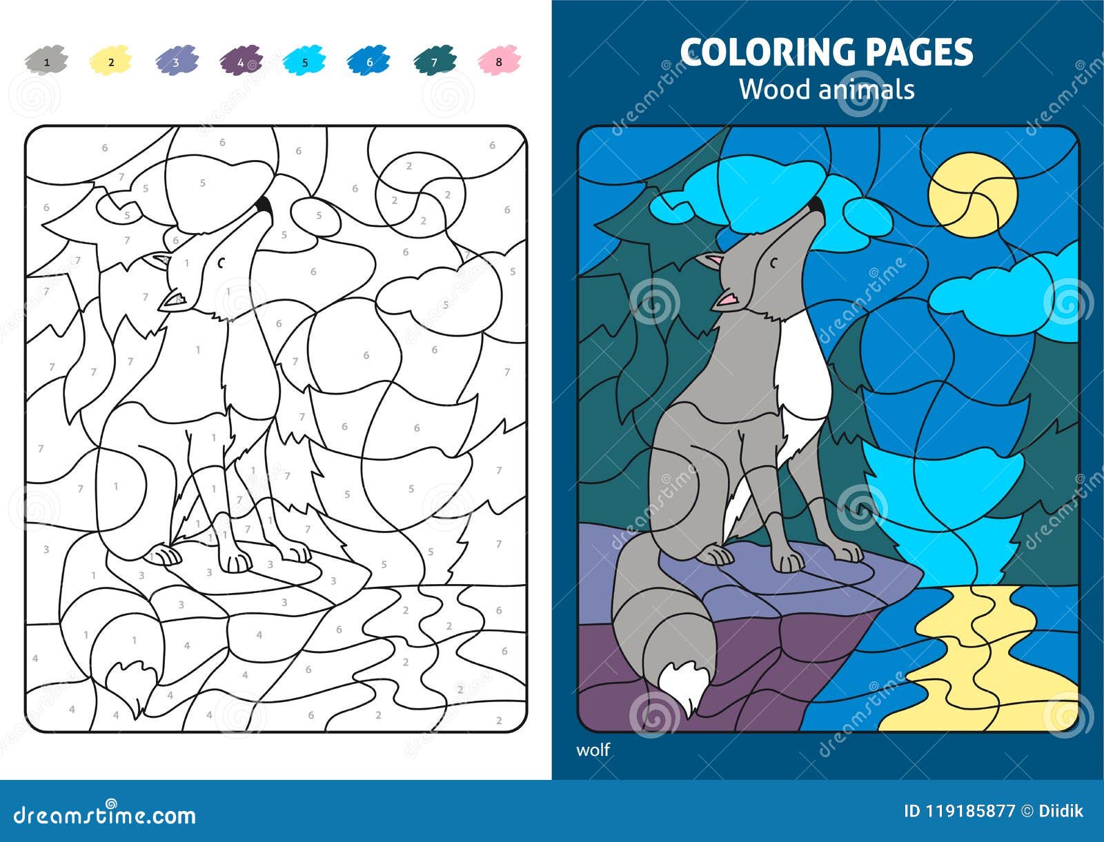 Wood animals coloring page for kids wolf stock vector